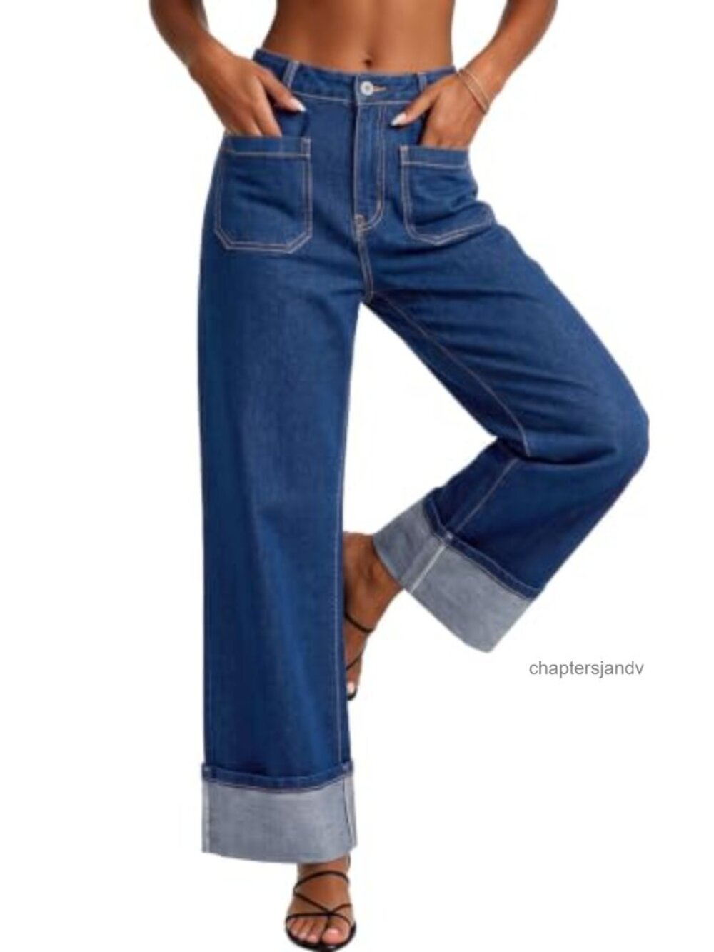 High Waisted Wide Leg Stretch Denim Jeans Cuffed Hem Casual